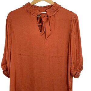 Joie Smocked Tie Neck Blouse – Orange Balloon Sleeve Boho Size M